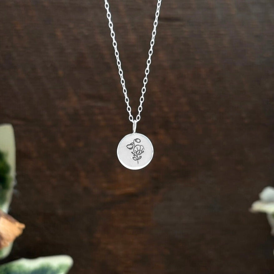 Silver birth flower necklace, April Birthday - Sweet pea by Curious Magpie Jewellery