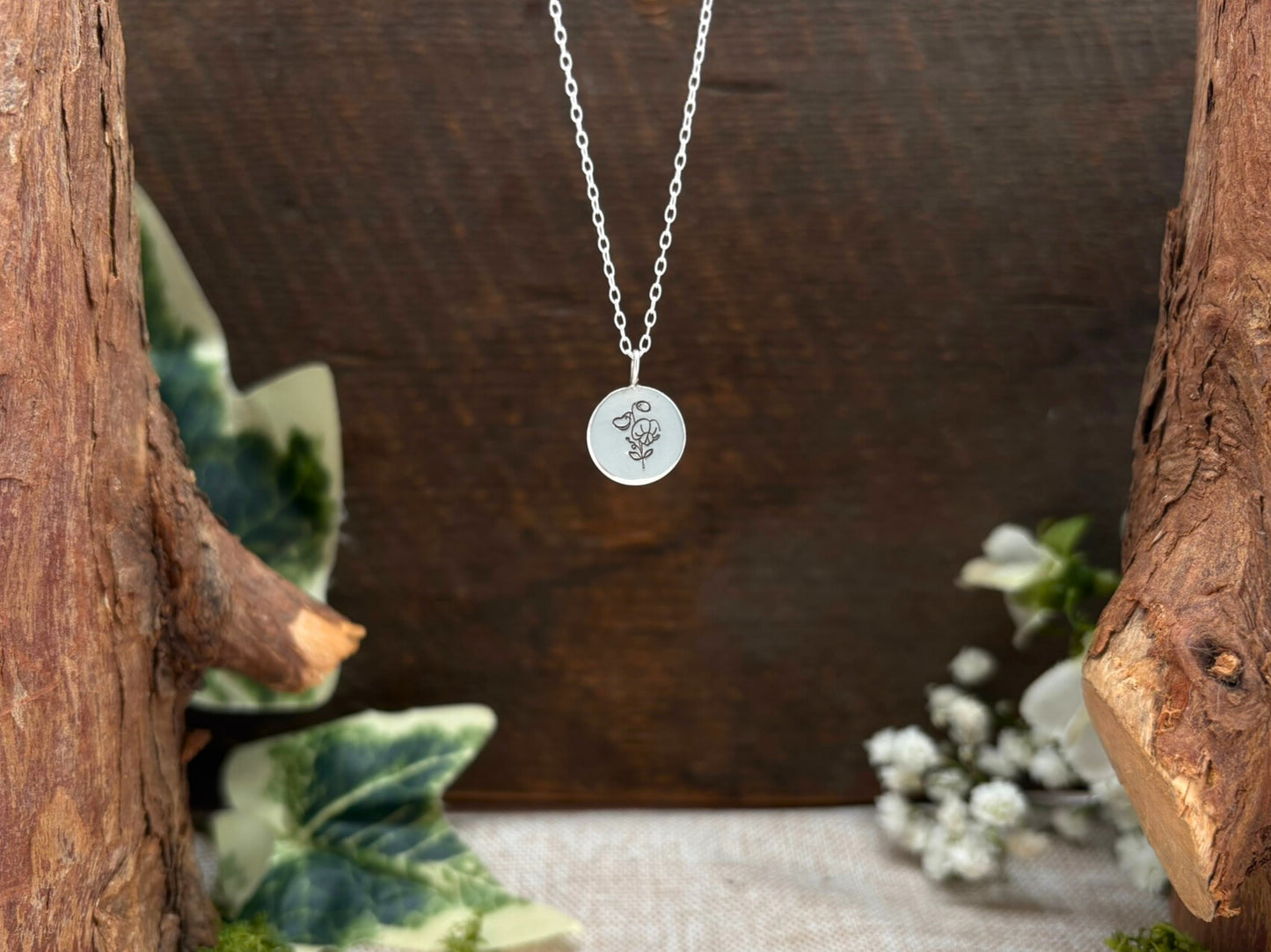 Silver birth flower necklace, April Birthday - Sweet pea by Curious Magpie Jewellery