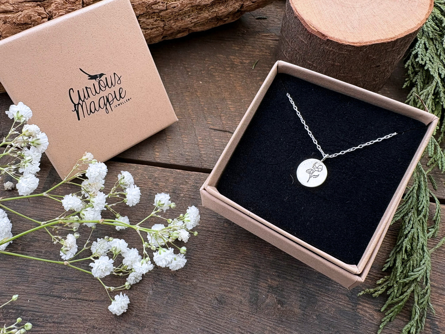 Silver birth flower necklace, August Birthday - Poppy by Curious Magpie Jewellery