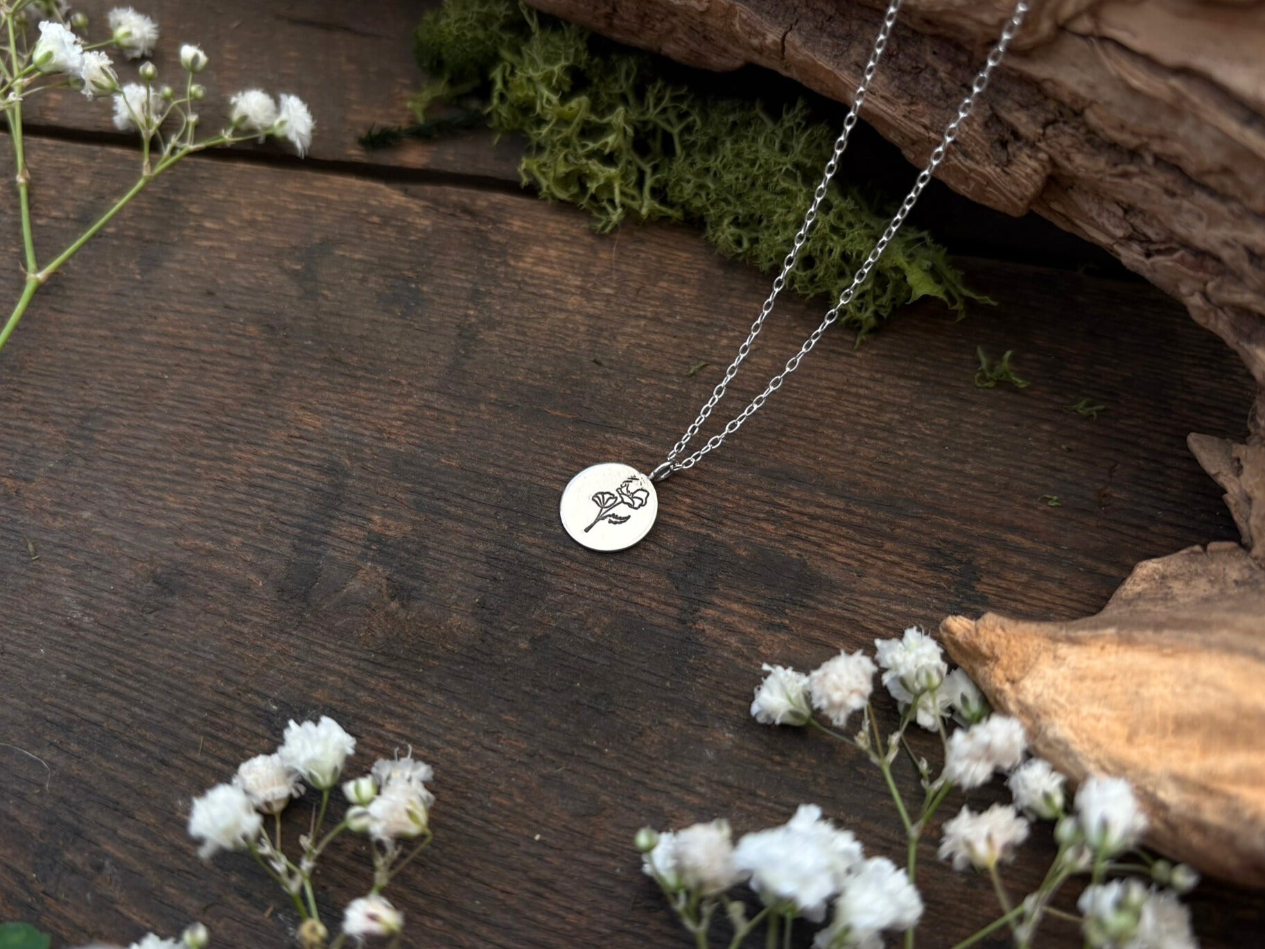 Silver birth flower necklace, August Birthday - Poppy by Curious Magpie Jewellery