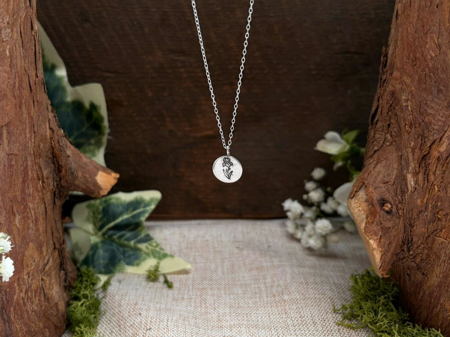 Silver birth flower necklace, February Birthday - Iris by Curious Magpie Jewellery
