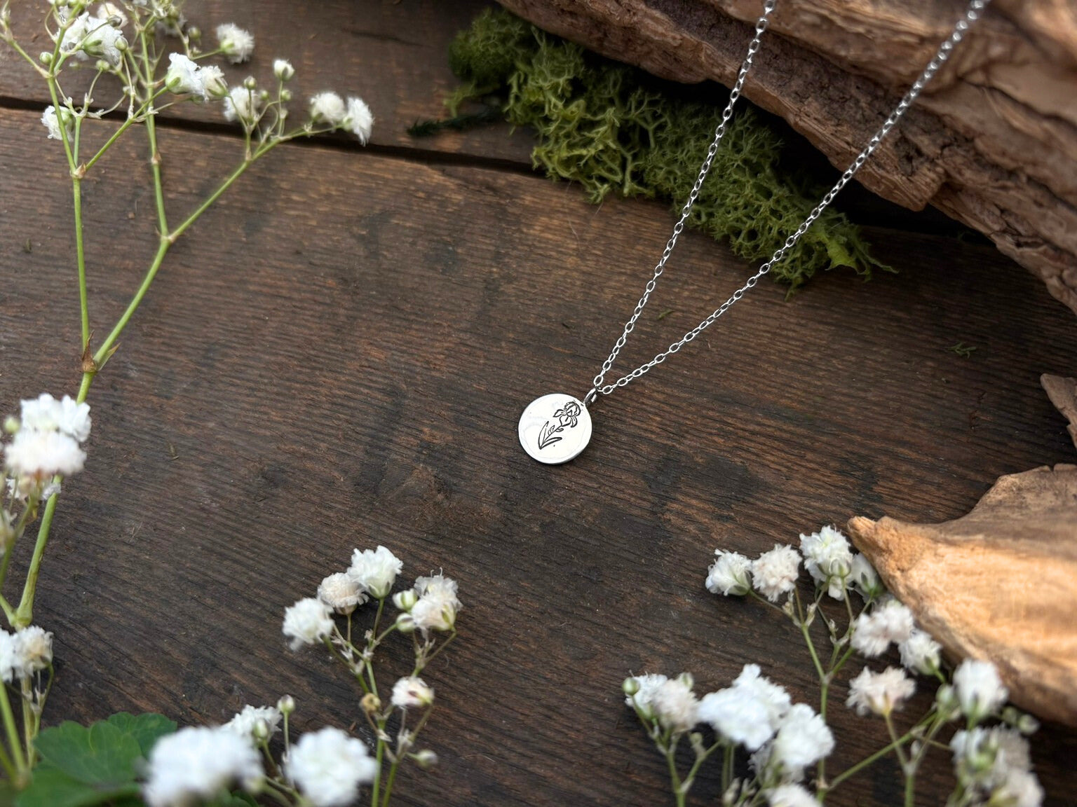 Silver birth flower necklace, February Birthday - Iris by Curious Magpie Jewellery
