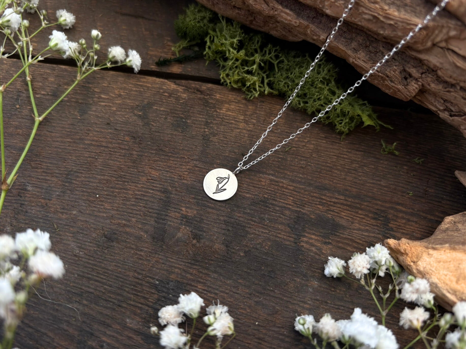 Silver birth flower necklace, January Birthday - Snowdrop by Curious Magpie Jewellery