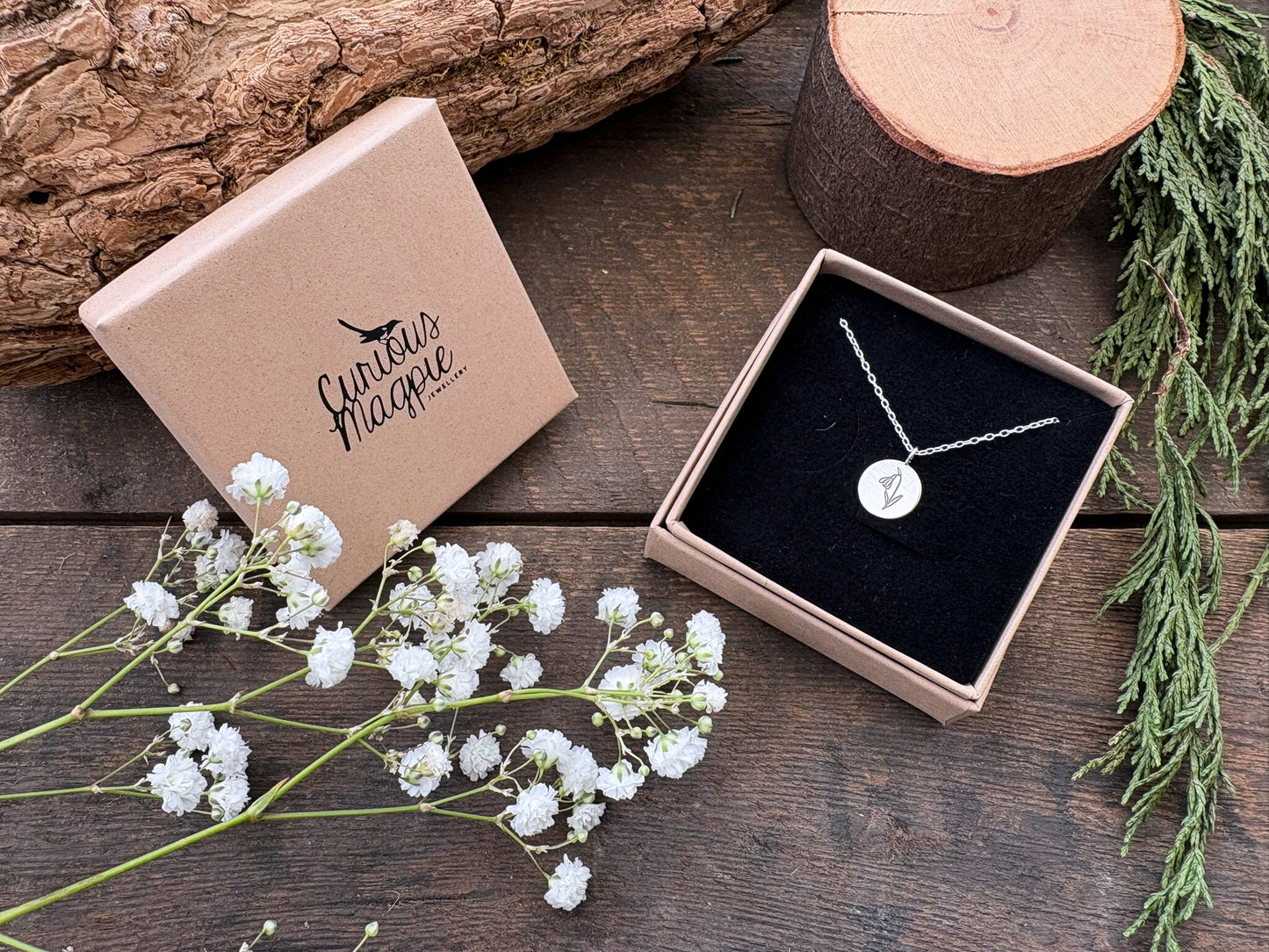 Silver birth flower necklace, January Birthday - Snowdrop by Curious Magpie Jewellery