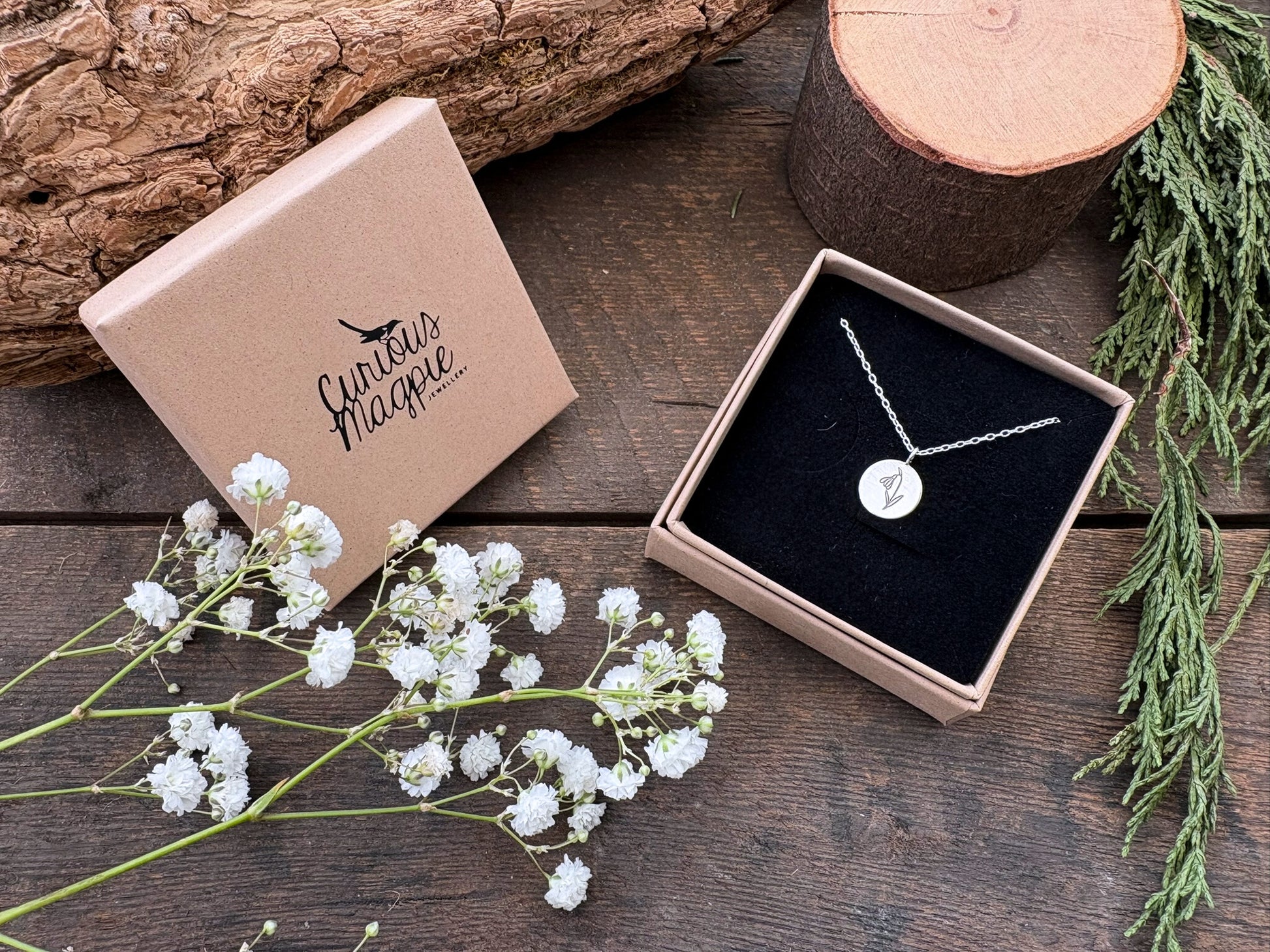 Silver birth flower necklace, January Birthday - Snowdrop by Curious Magpie Jewellery