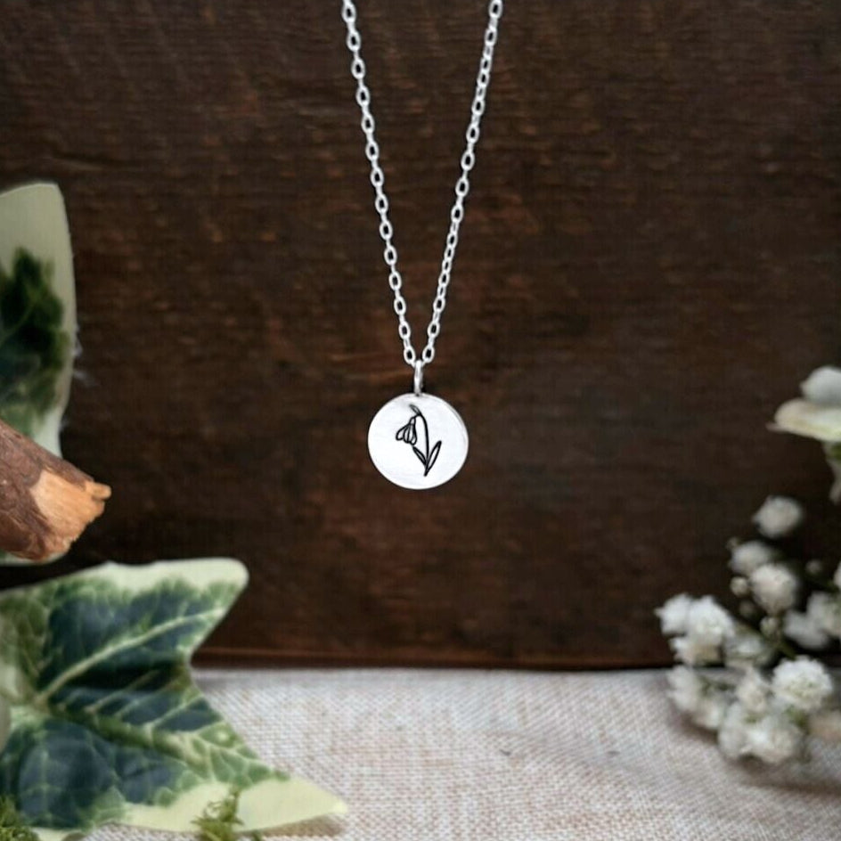 Silver birth flower necklace, January Birthday - Snowdrop by Curious Magpie Jewellery