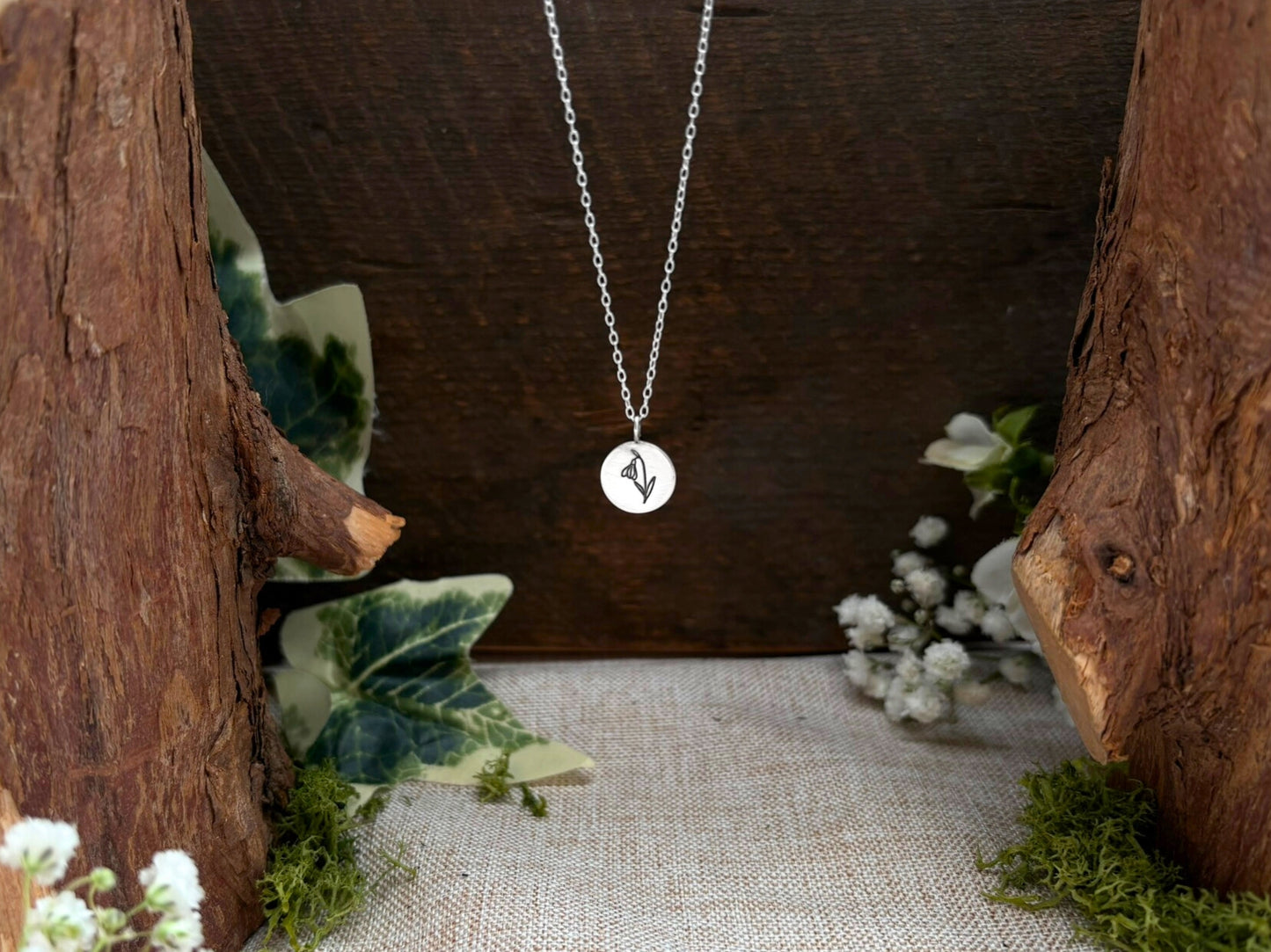 Silver birth flower necklace, January Birthday - Snowdrop by Curious Magpie Jewellery