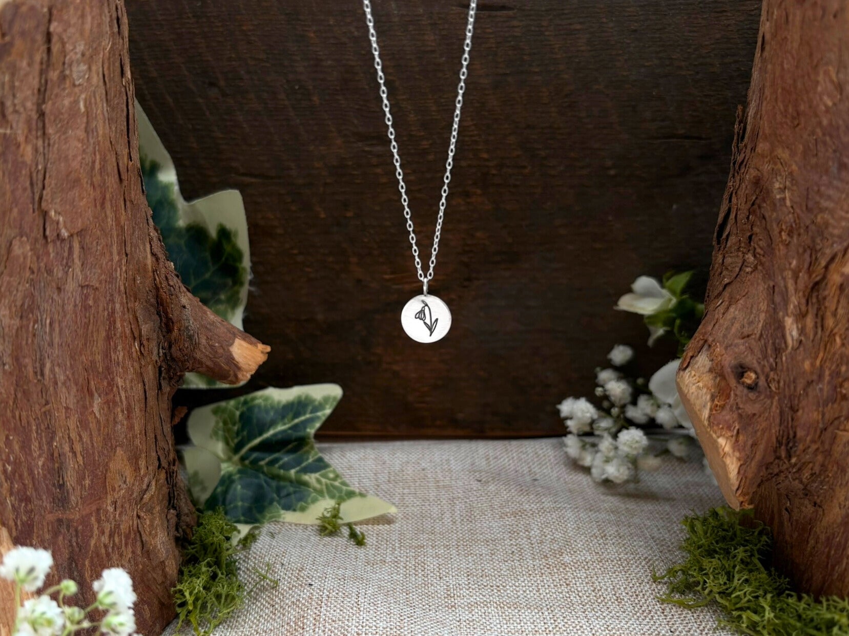 Silver birth flower necklace, January Birthday - Snowdrop by Curious Magpie Jewellery