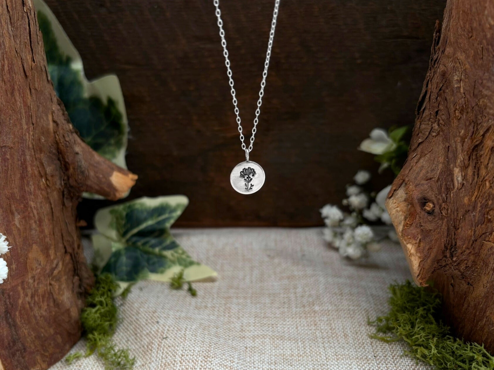 Silver birth flower necklace, June Birthday - Honeysuckle by Curious Magpie Jewellery