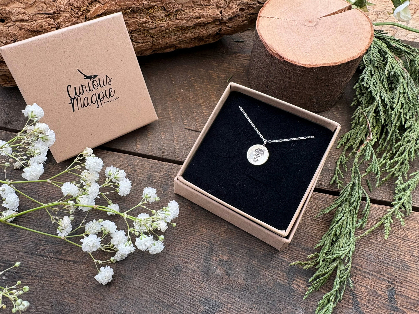 Silver birth flower necklace, June Birthday - Honeysuckle by Curious Magpie Jewellery