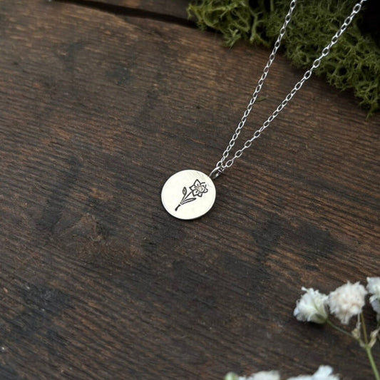 Silver birth flower necklace, March Birthday - Daffodil by Curious Magpie Jewellery
