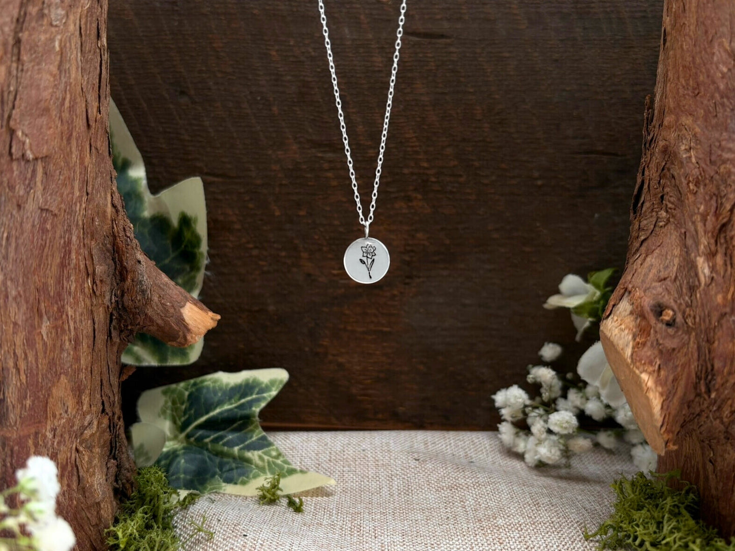 Silver birth flower necklace, March Birthday - Daffodil by Curious Magpie Jewellery