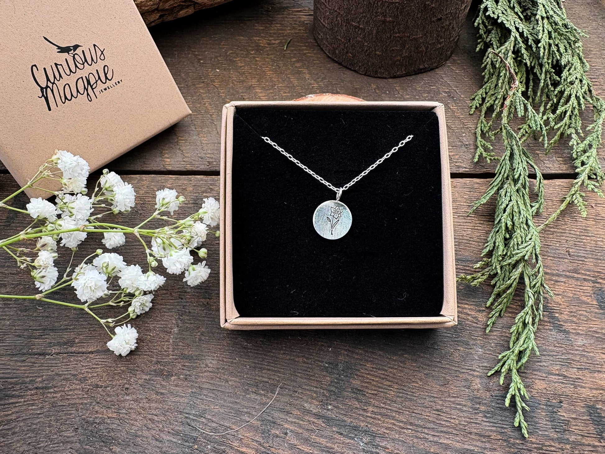 Silver birth flower necklace, March Birthday - Daffodil by Curious Magpie Jewellery