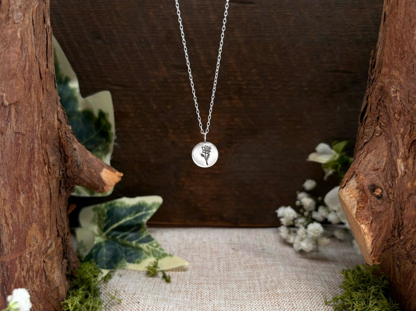 Silver birth flower necklace, March Birthday - Daffodil by Curious Magpie Jewellery