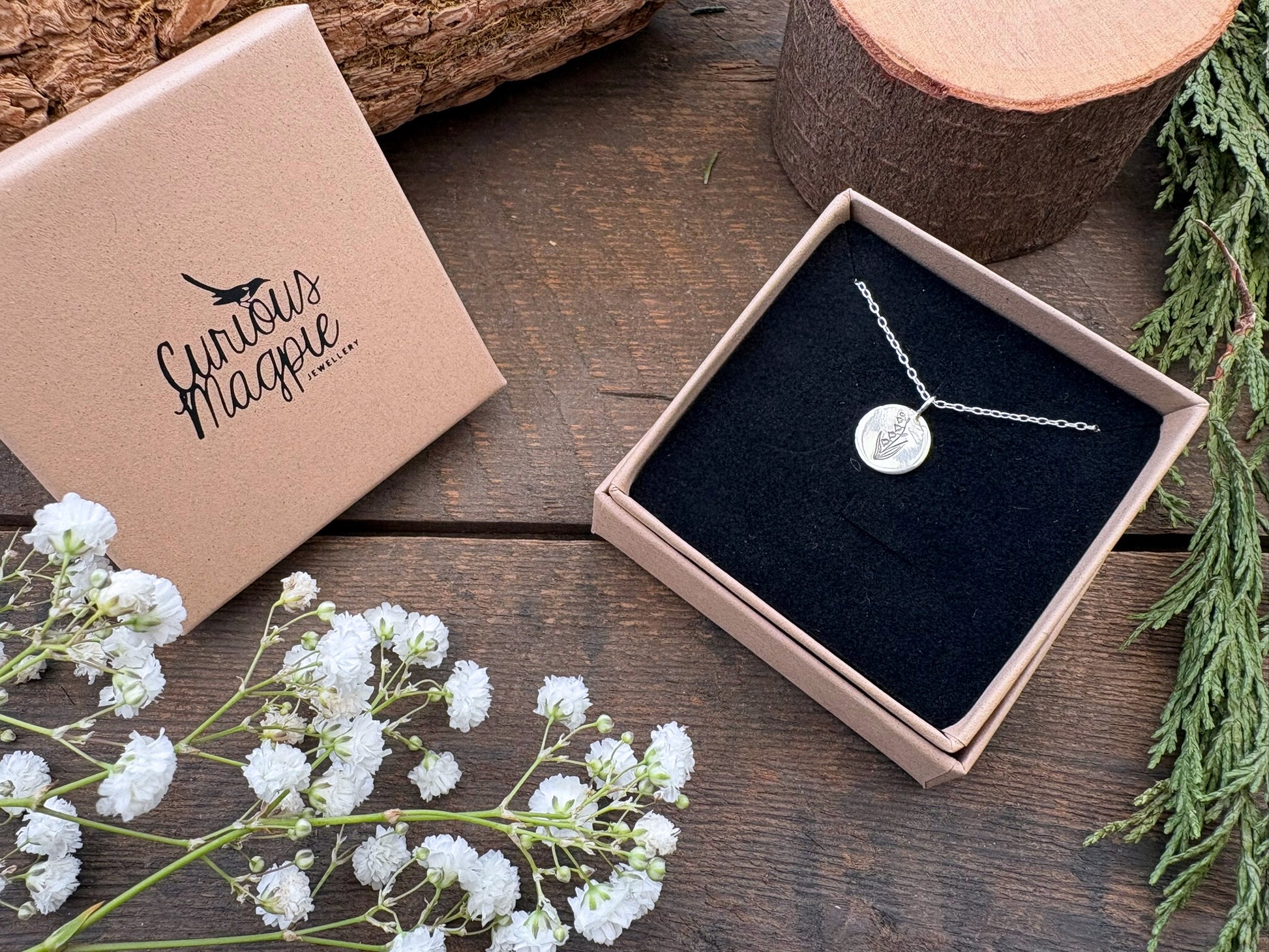 Silver birth flower necklace, May Birthday - Lily-of-the-valley by Curious Magpie Jewellery