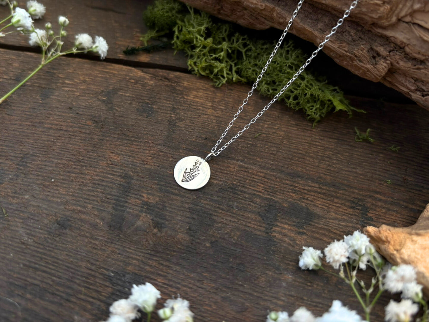 Silver birth flower necklace, May Birthday - Lily-of-the-valley by Curious Magpie Jewellery