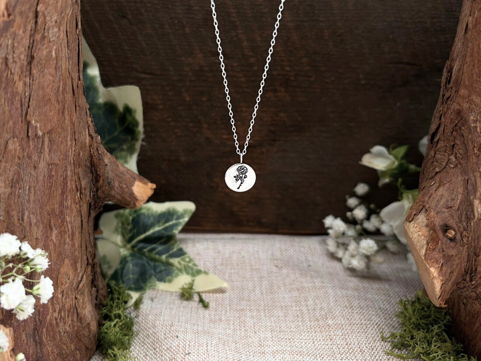 Silver birth flower necklace, November Birthday, Peony- by Curious Magpie Jewellery