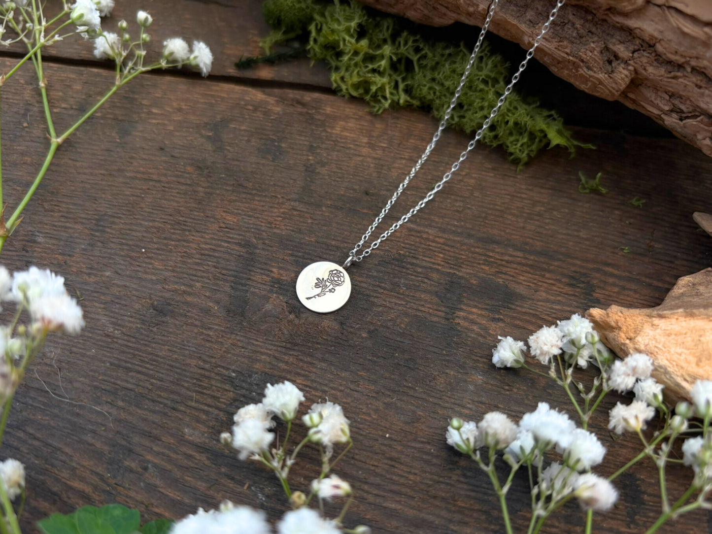 Silver birth flower necklace, November Birthday, Peony- by Curious Magpie Jewellery