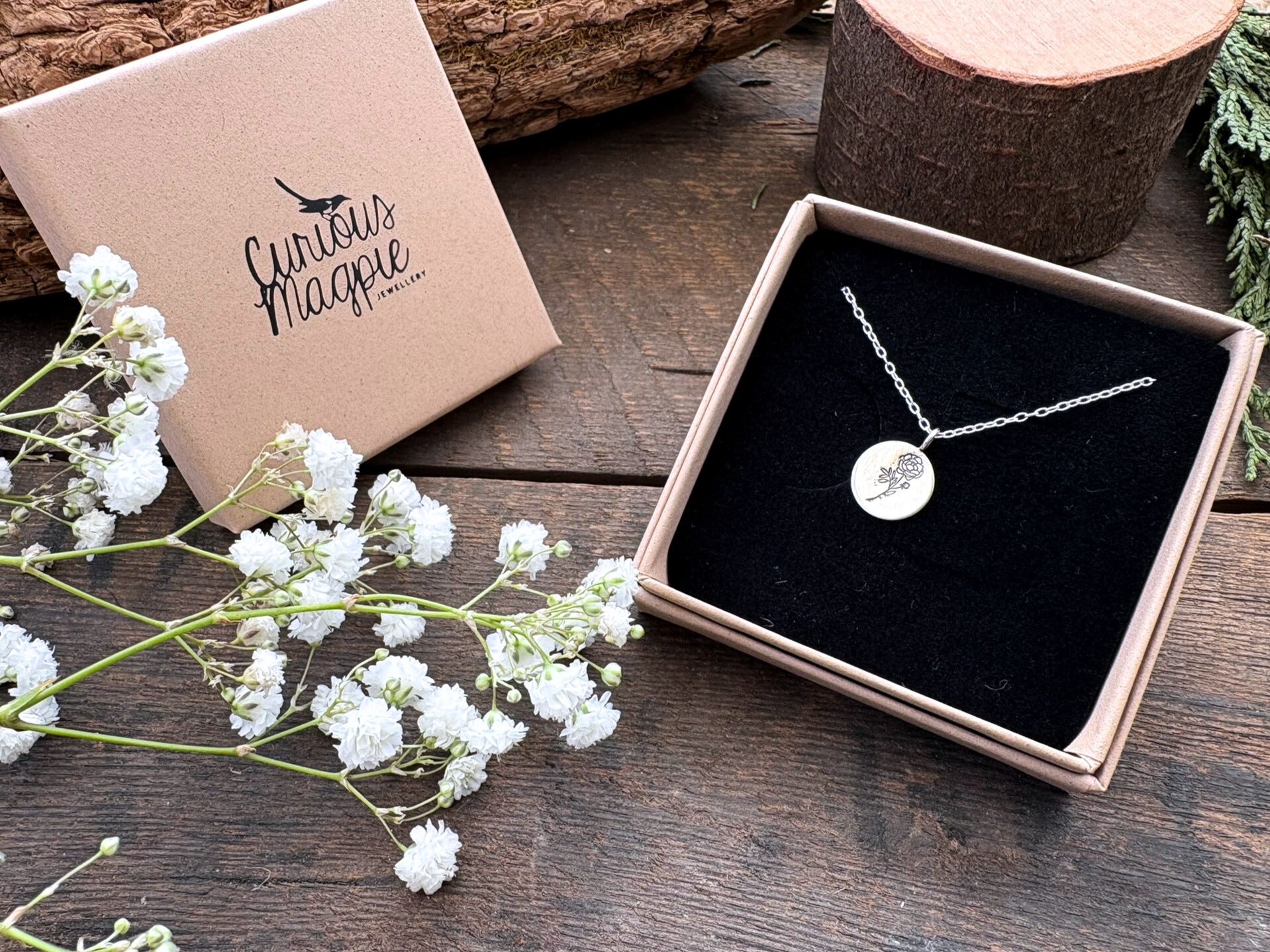 Silver birth flower necklace, November Birthday, Peony- by Curious Magpie Jewellery