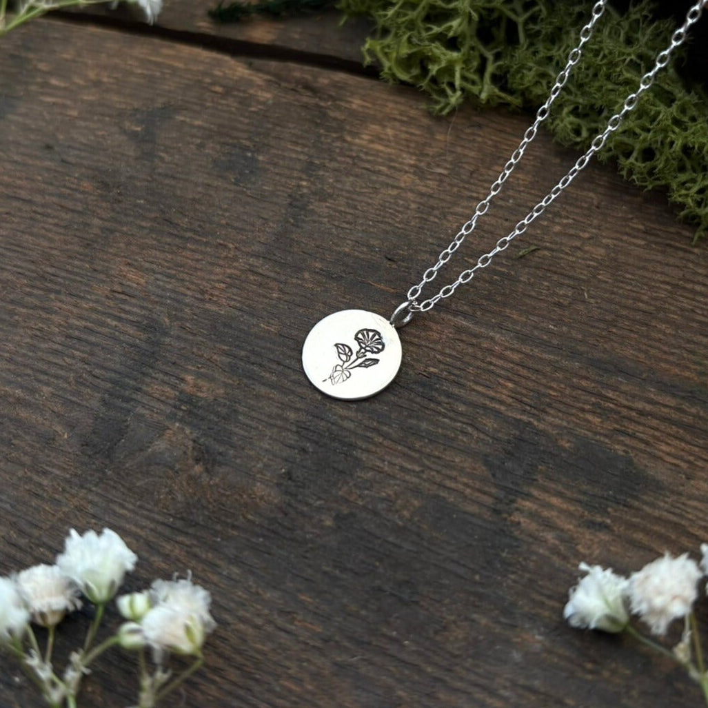 Silver birth flower necklace, September Birthday - Morning Glory by Curious Magpie Jewellery