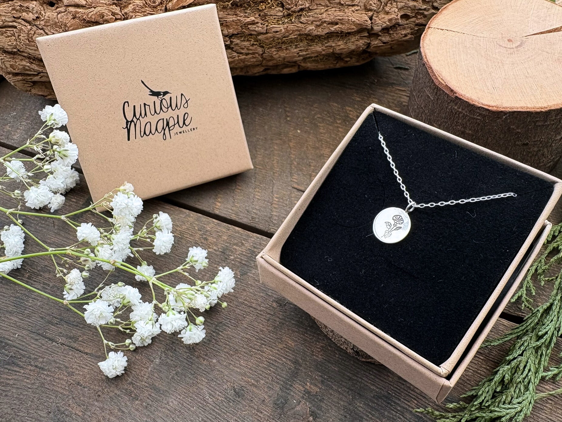 Silver birth flower necklace, September Birthday - Morning Glory by Curious Magpie Jewellery