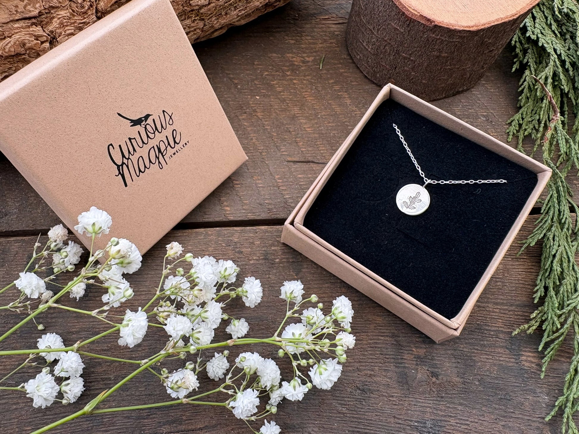 Silver birth flower necklace, December Birthday, Holly- by Curious Magpie Jewellery