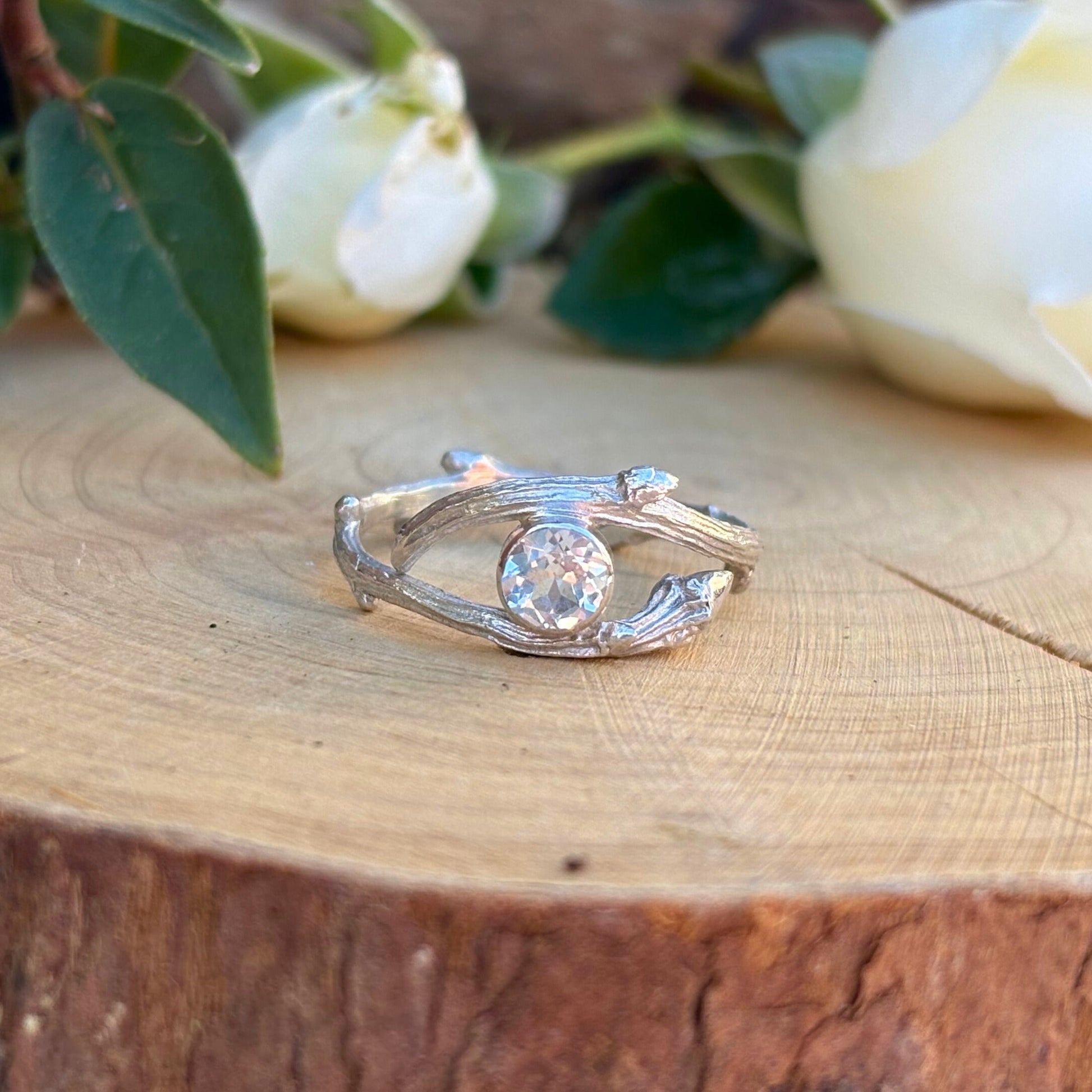 Silver Branch Ring with White Topaz gemstone by Curious Magpie Jewellery