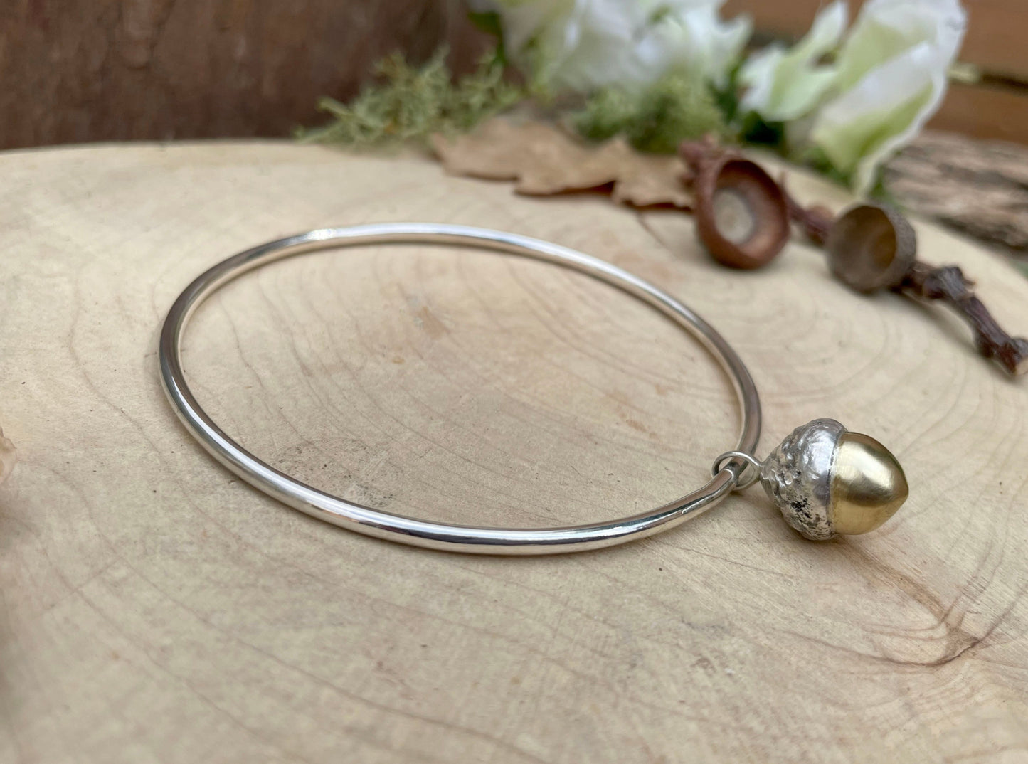 Silver & Brass Acorn Bangle by Curious Magpie Jewellery