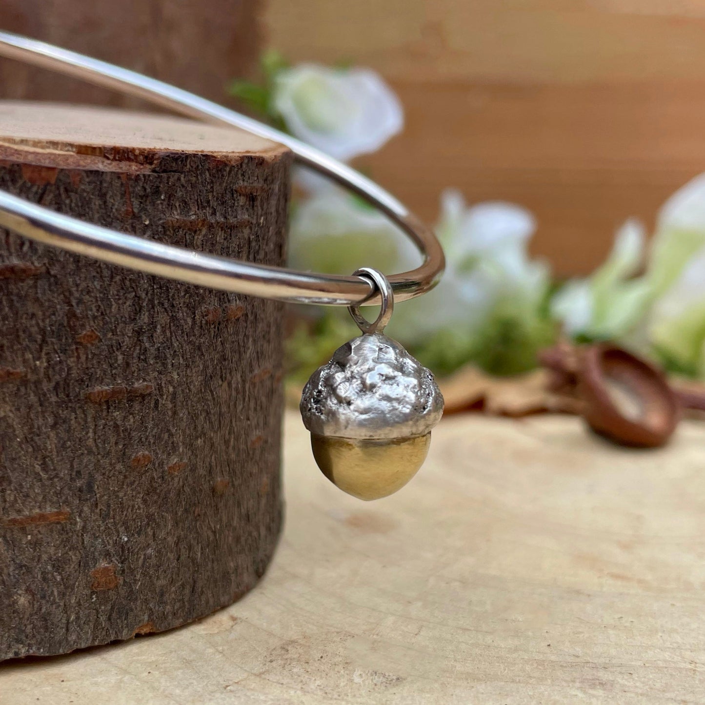 Silver & Brass Acorn Bangle by Curious Magpie Jewellery
