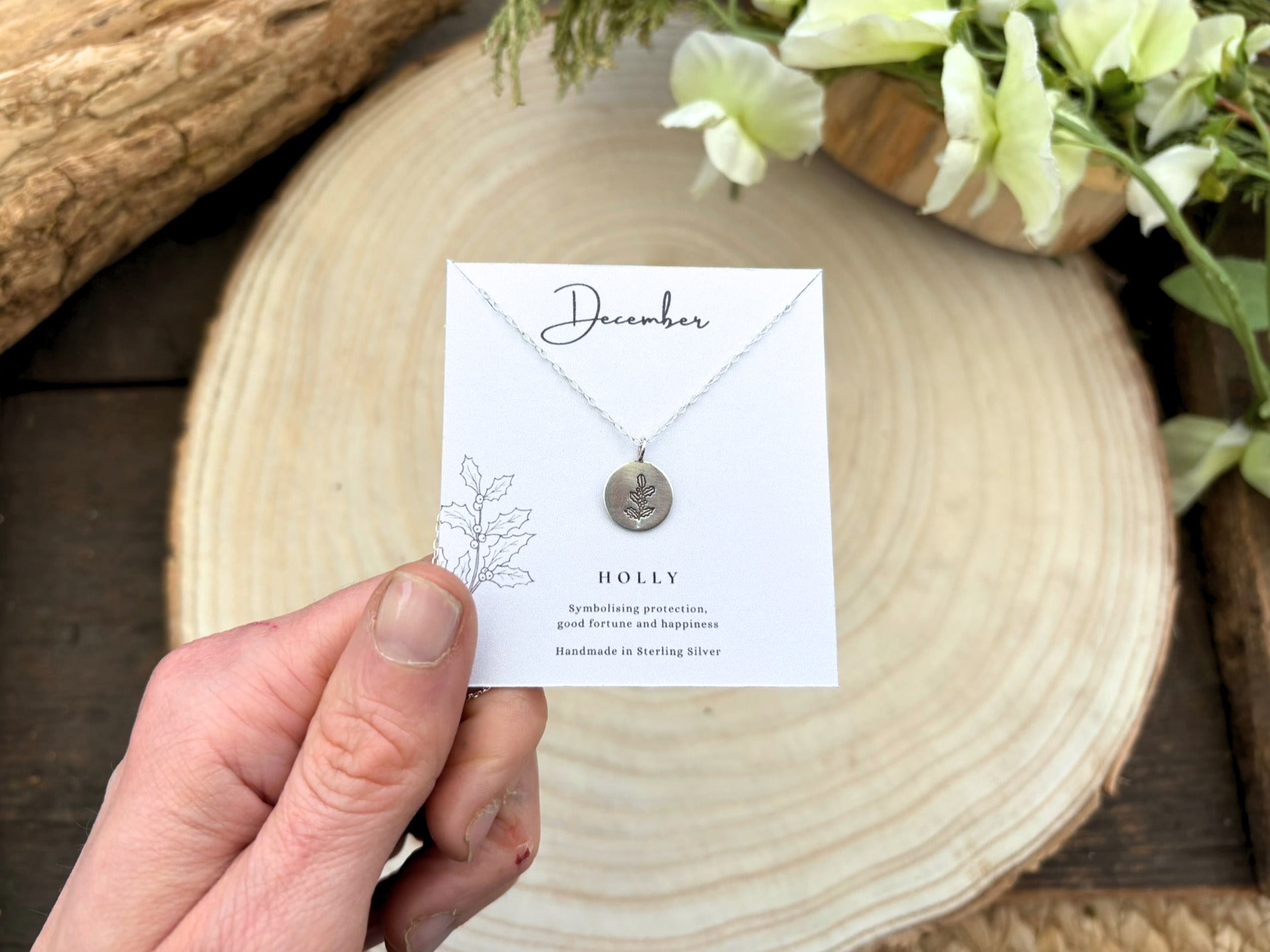 Silver December birth flower necklace , Holly, by Curious Magpie Jewellery
