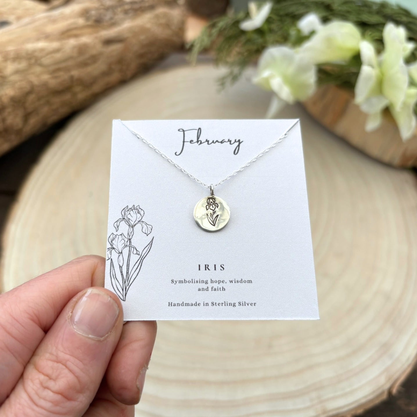 Silver February birth flower necklace, Iris, by Curious Magpie Jewellery