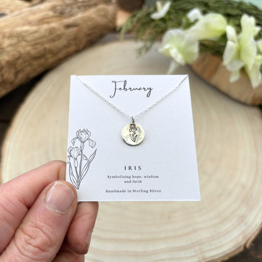 Silver February birth flower necklace, Iris, by Curious Magpie Jewellery