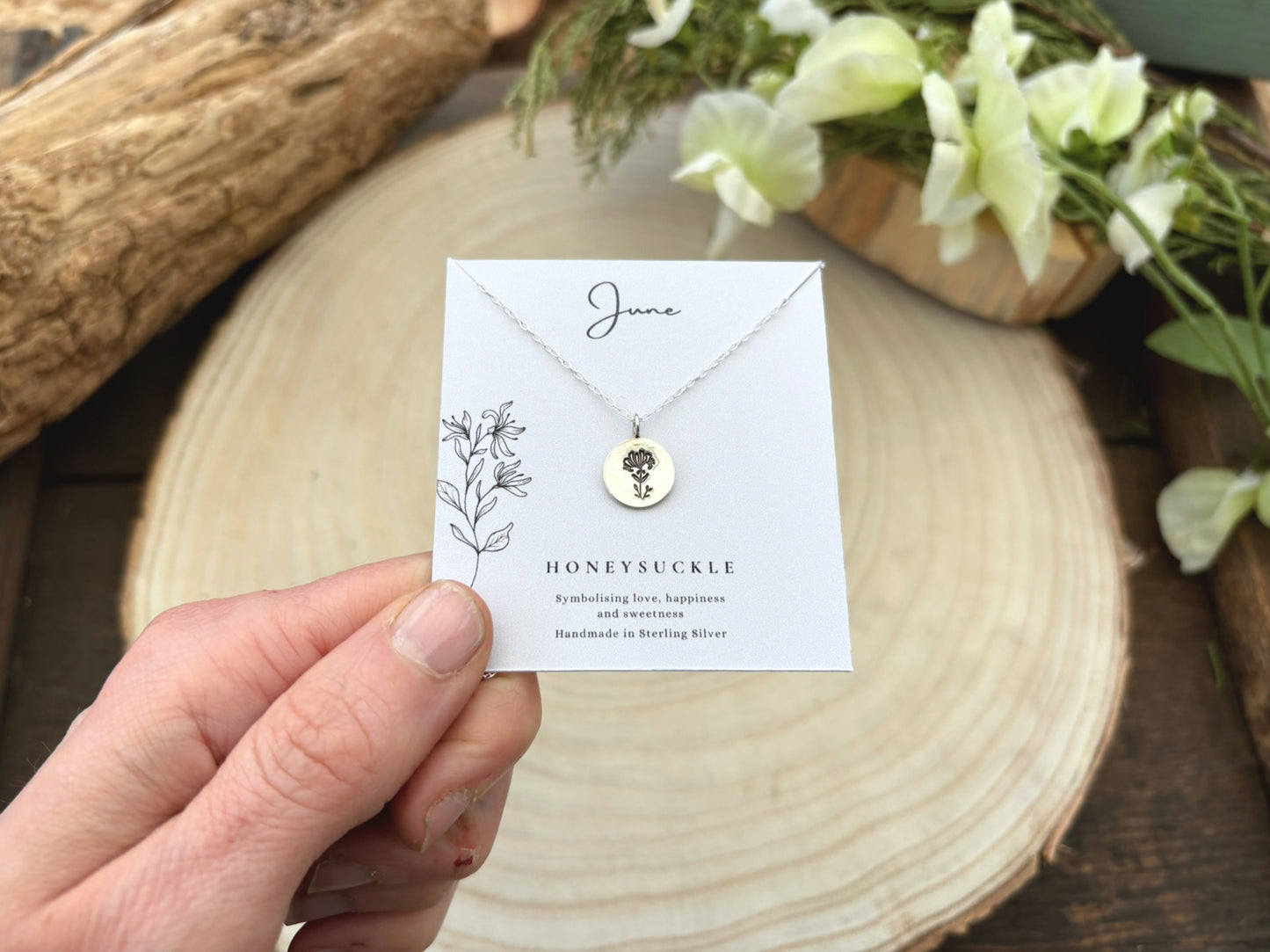 Silver birth flower necklace, June Birthday - Honeysuckle by Curious Magpie Jewellery