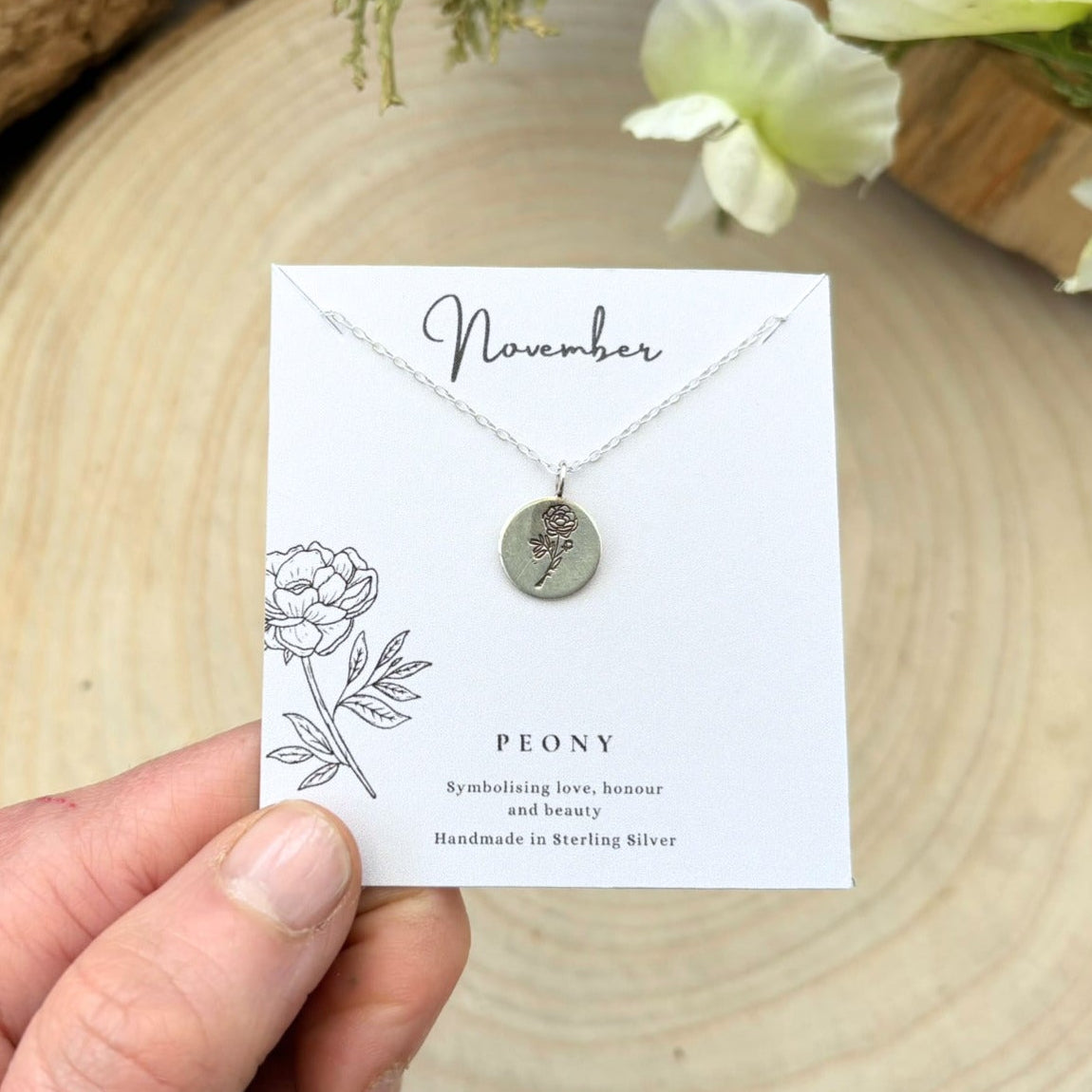 Silver November birth flower, Peony necklace by Curious Magpie Jewellery
