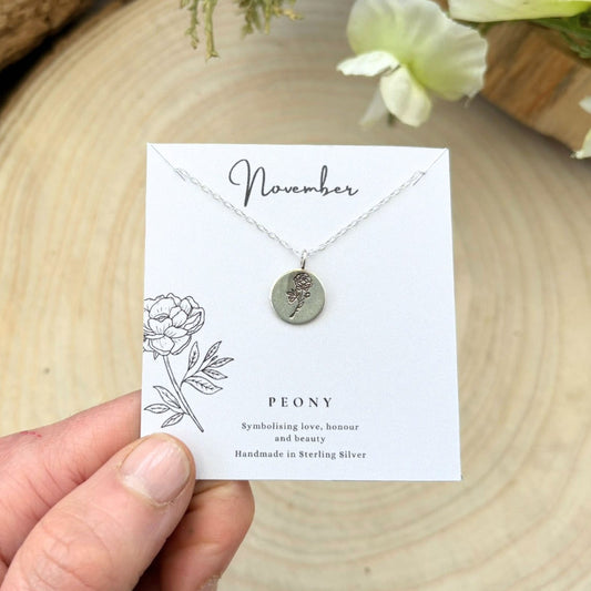 Silver November birth flower, Peony necklace by Curious Magpie Jewellery