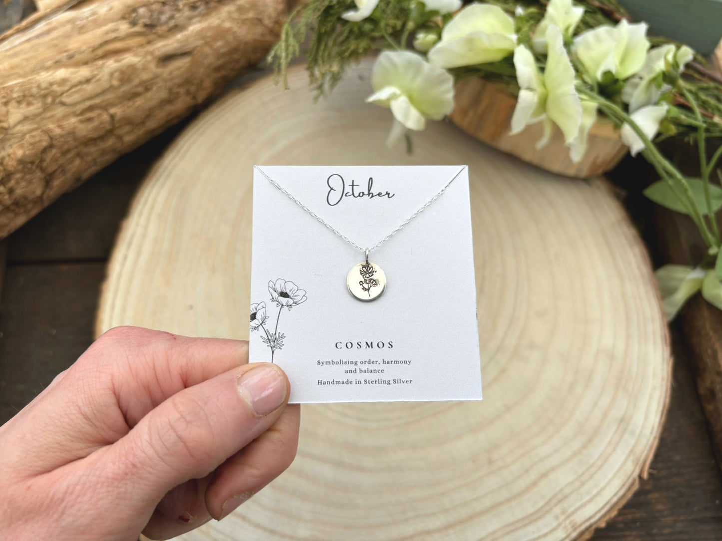Silver October Birth Flower Necklace, Cosmos, by Curious Magpie Jewellery