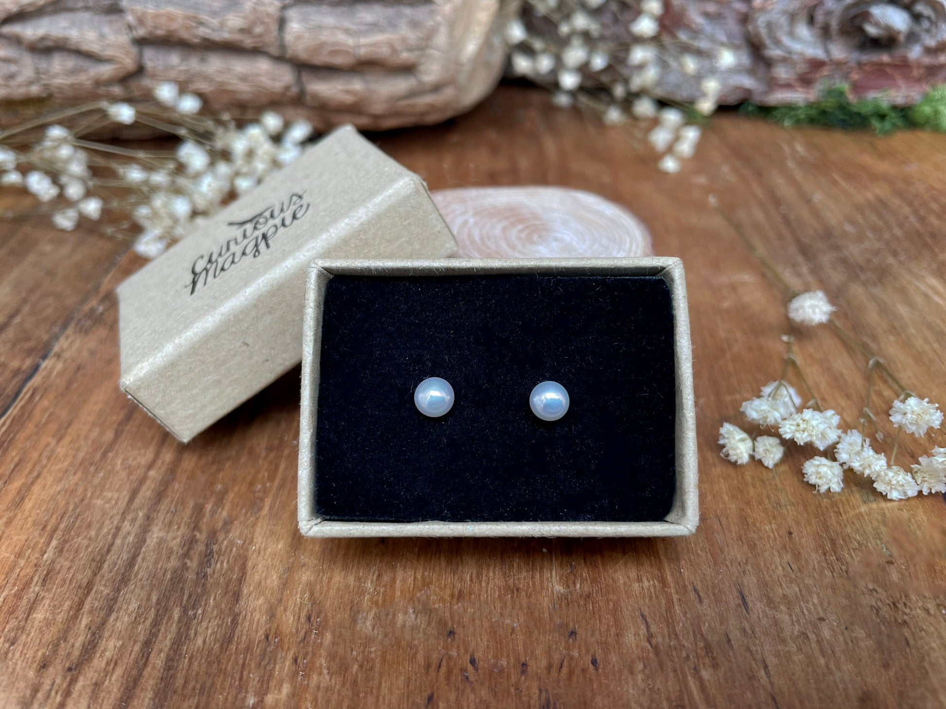 White Pixie Pearl Stud Earrings by Curious Magpie Jewellery