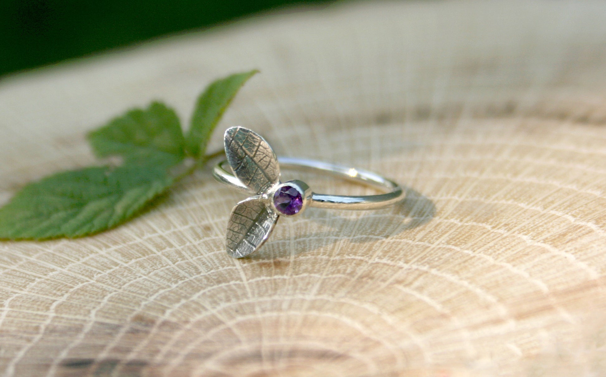 Silver Twin Leaf Ring with Amethyst - Curious Magpie Jewellery - 2