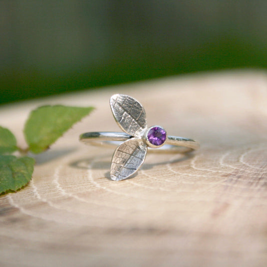 Silver Twin Leaf Ring with Amethyst - Curious Magpie Jewellery - 1