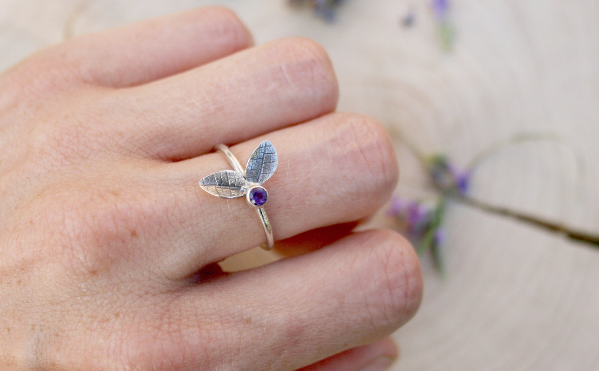 Silver Twin Leaf Ring with Amethyst - Curious Magpie Jewellery - 4