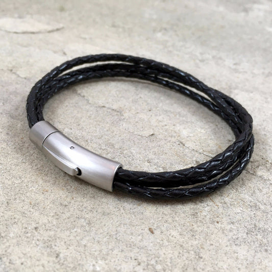 Men's Black Leather Trinity Bracelet - Curious Magpie Jewellery - 1