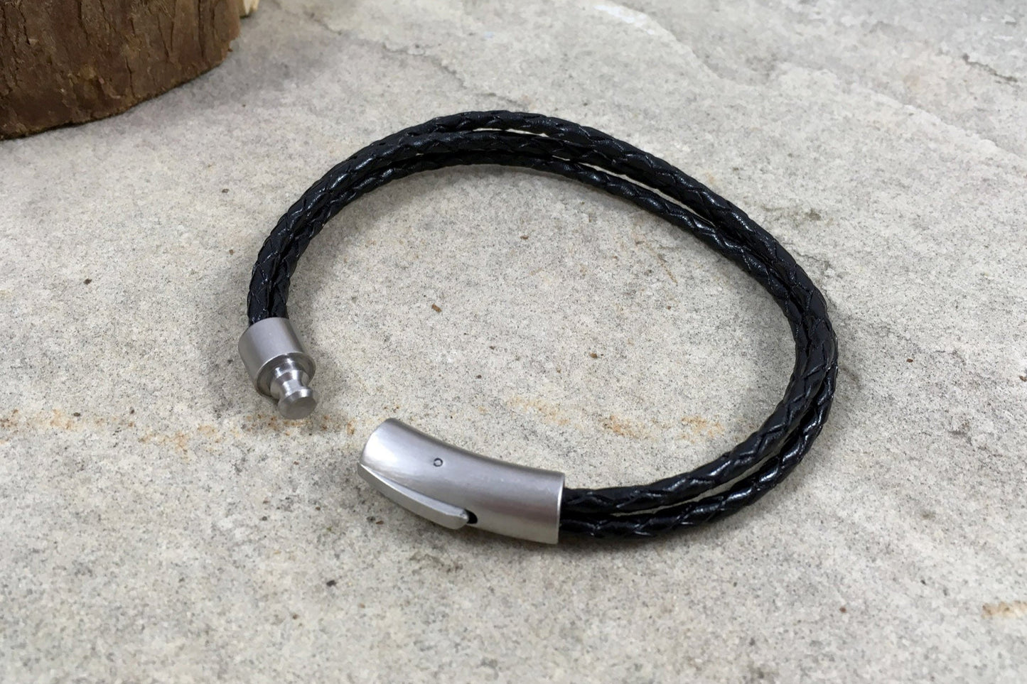 Men's Black Leather Trinity Bracelet - Curious Magpie Jewellery - 3