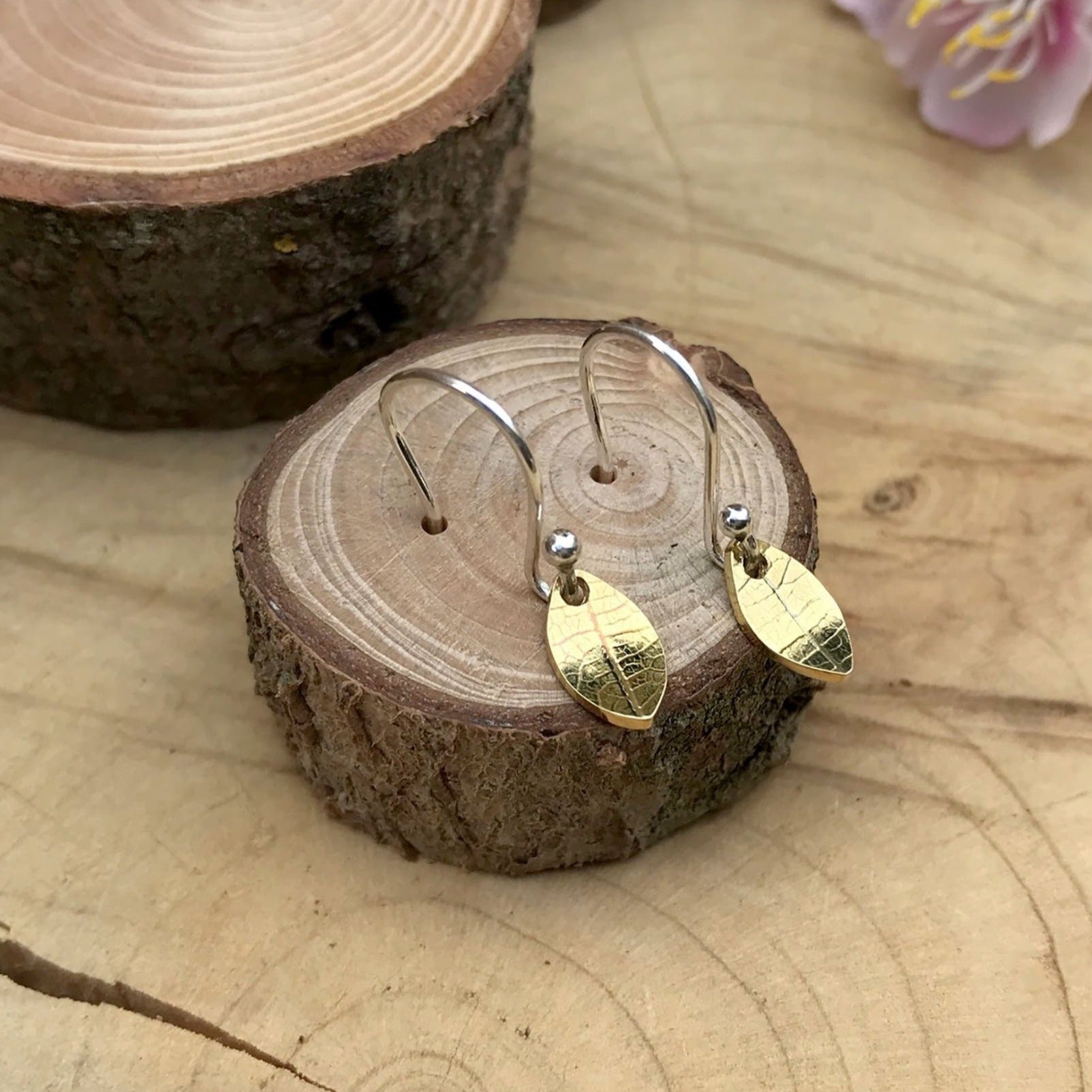 Silver Hook earrings with Gold Leaves by Curious Magpie Jewellery