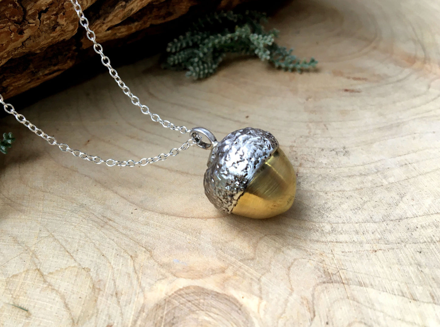 Chunky Silver and Brass Acorn Necklace by Curious Magpie