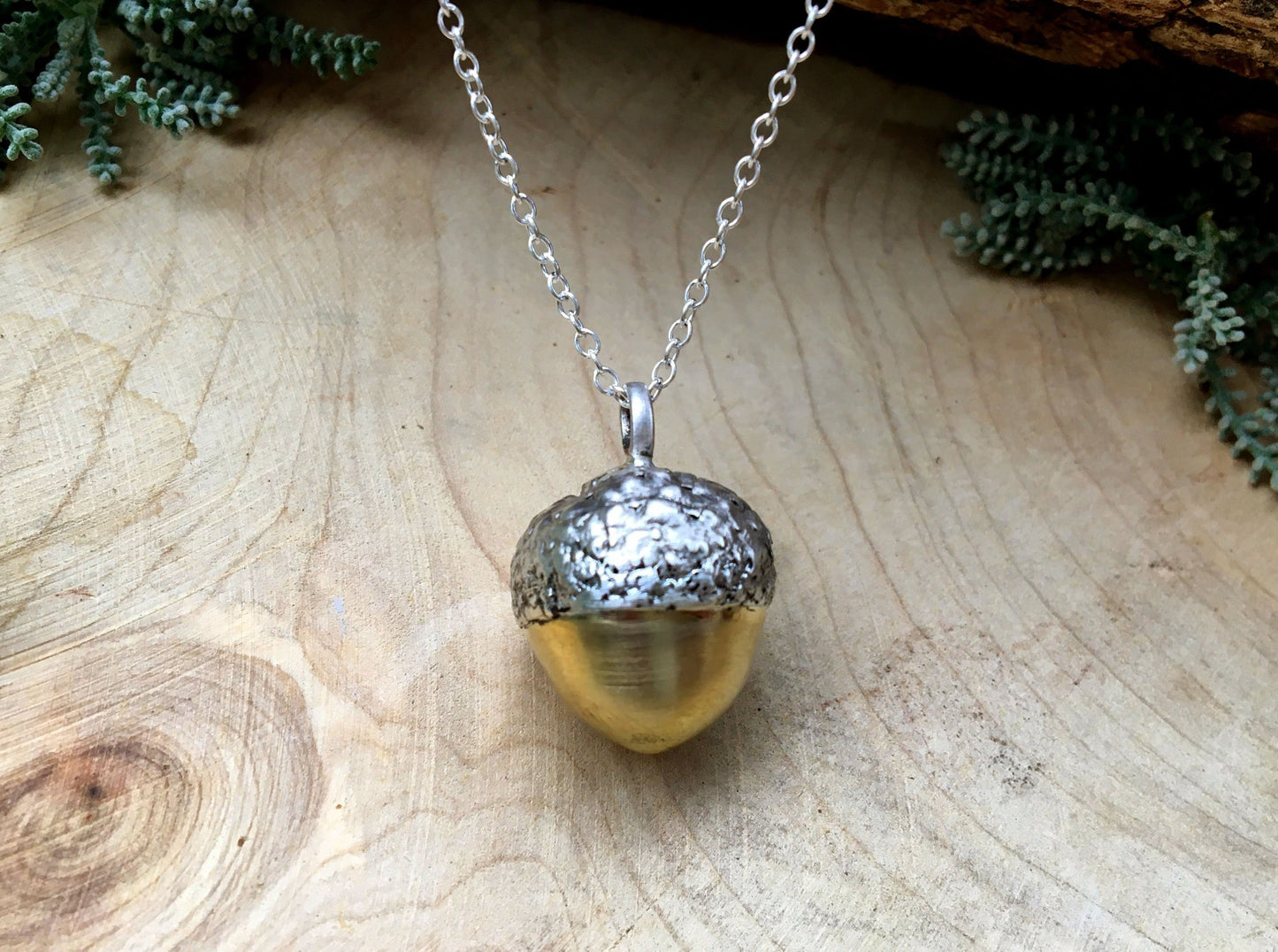 Chunky Silver and Brass Acorn Necklace by Curious Magpie