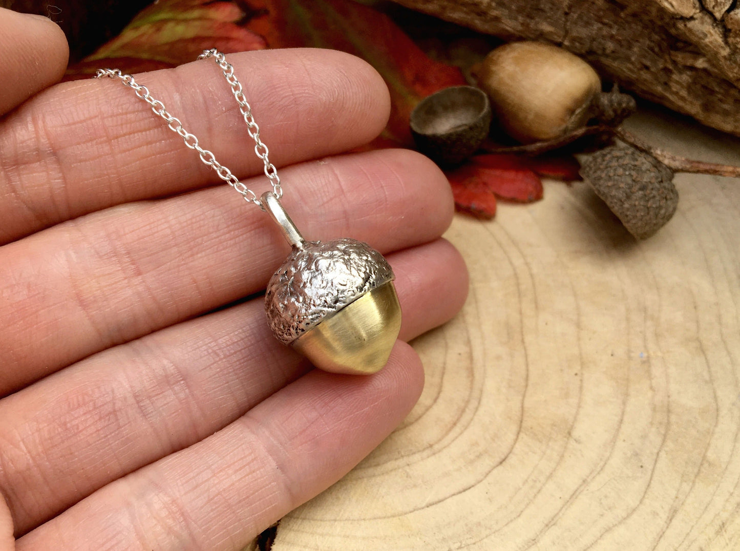 Chunky Silver and Brass Acorn Necklace by Curious Magpie