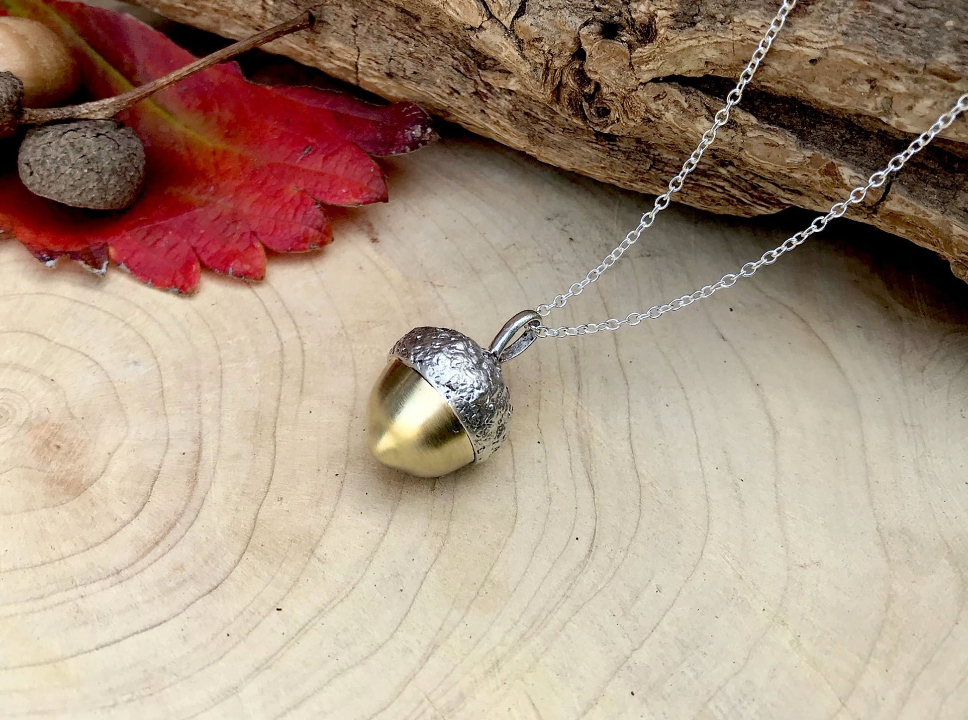 Chunky Silver and Brass Acorn Necklace by Curious Magpie