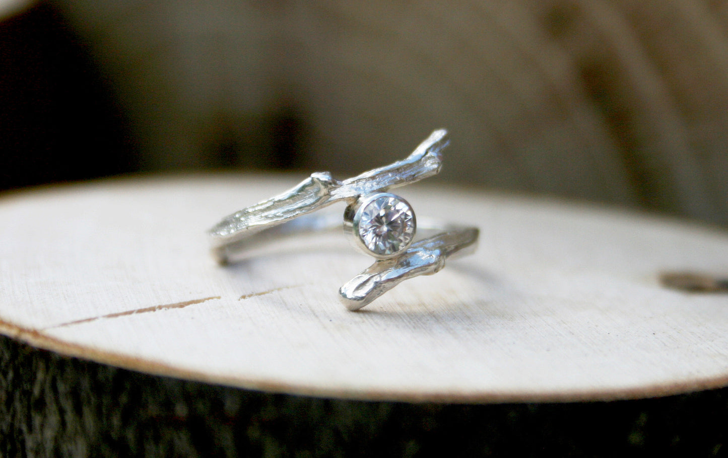 Entwined Silver Branch Ring with Cubic Zirconia