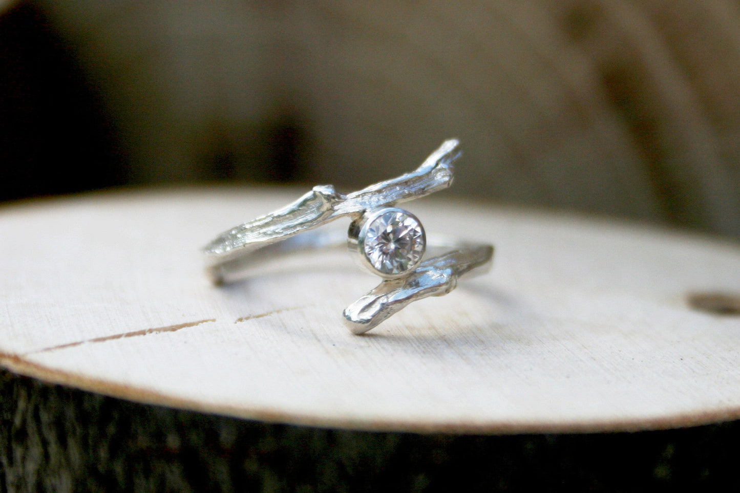 Entwined Silver Branch Ring with Cubic Zirconia