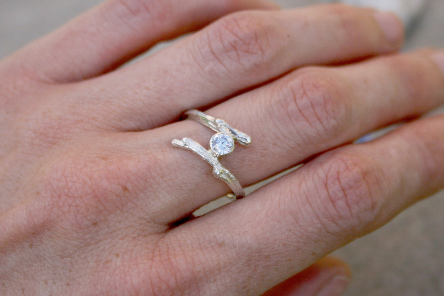 Entwined Silver Branch Ring with Cubic Zirconia